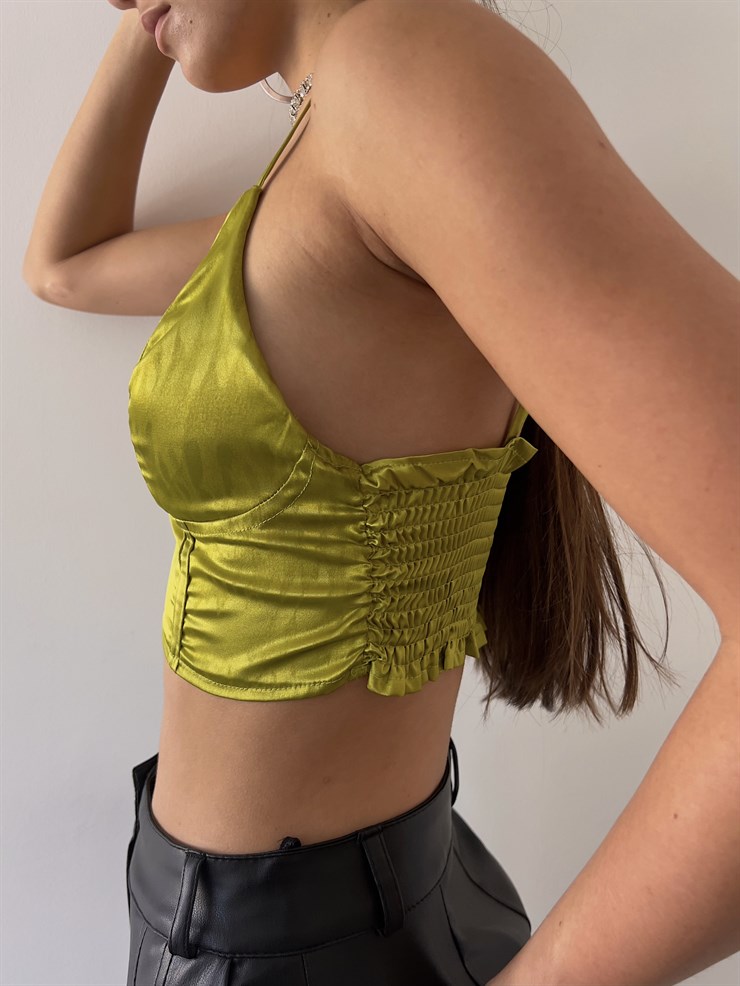 Arkası Gipeli Askılı Saten Gian Kadın Zeytin Yeşili Crop Bluz 23K000151
