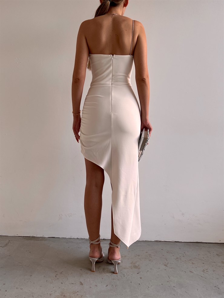 Asimetrik Yırtmaçlı Tek Omuz Amber Kadın Beyaz Elbise 22K000545