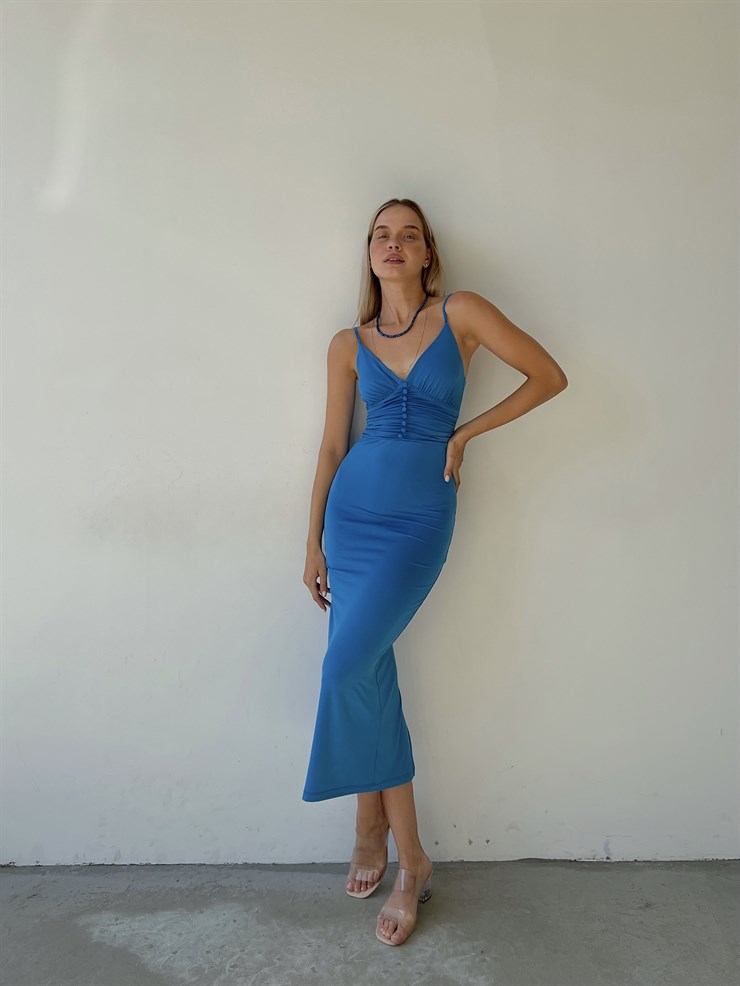 Askılı Beli Düğme Ve Drape Detaylı Janelle Kadın Mavi Elbise 22Y000088