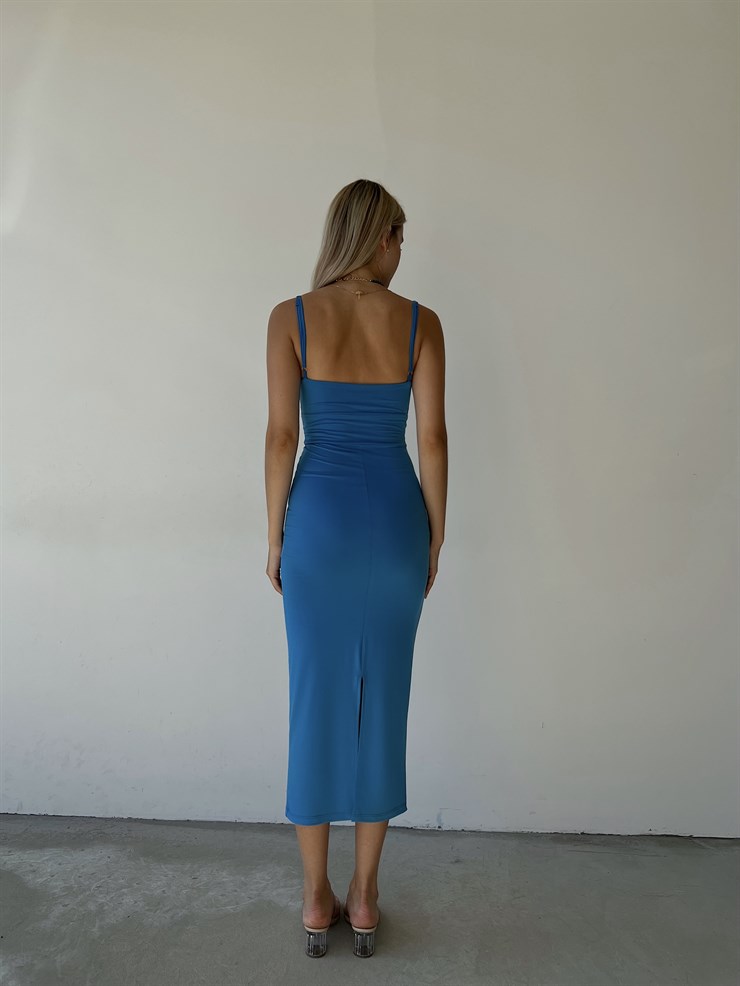 Askılı Beli Düğme Ve Drape Detaylı Janelle Kadın Mavi Elbise 22Y000088
