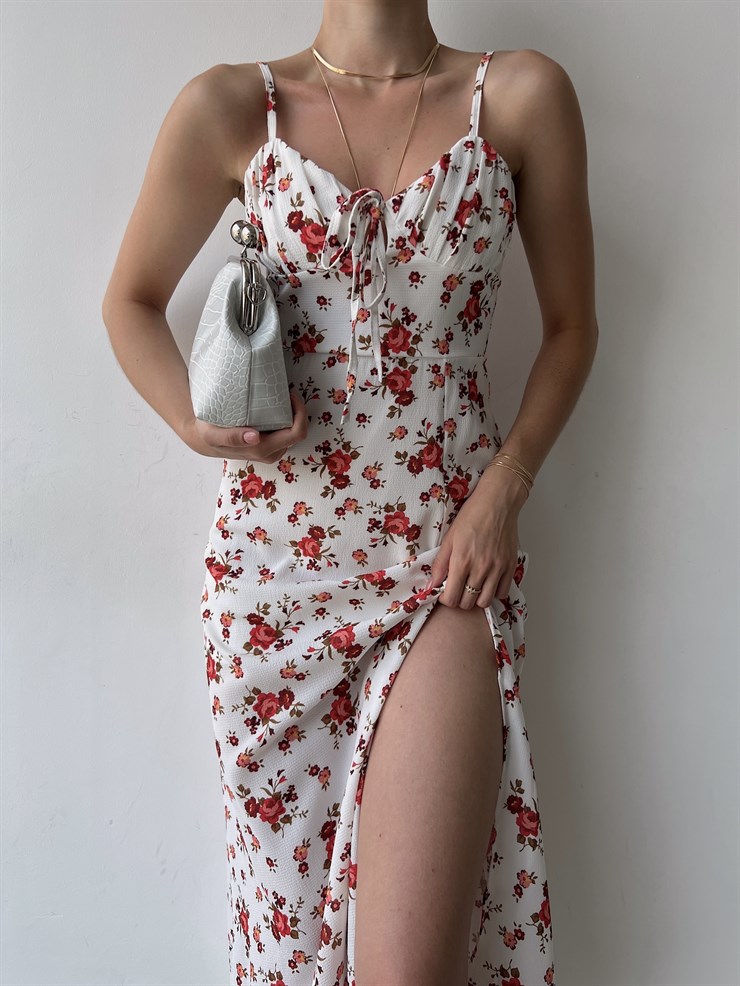 Askılı Midi Boy Göğüsü Drapeli Çiçek Desenli Yırtmaçlı Ardere Kadın Beyaz Elbise 22Y000358