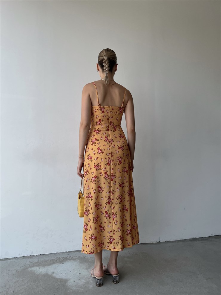 Askılı Midi Boy Göğüsü Drapeli Çiçek Desenli Yırtmaçlı Ardere Kadın Hardal Elbise 22Y000358