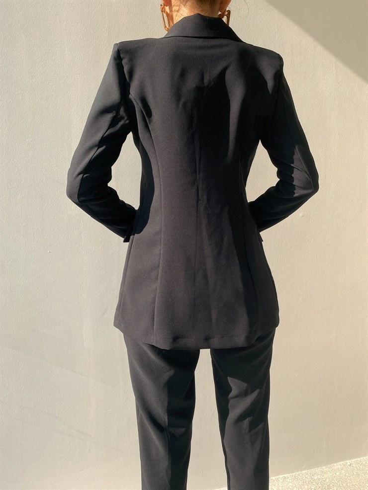 Ayarlanır Bağcıklı Crop Blazer Ceket Pantolon Aureliana Kadın Siyah Üçlü Takım 22K000059