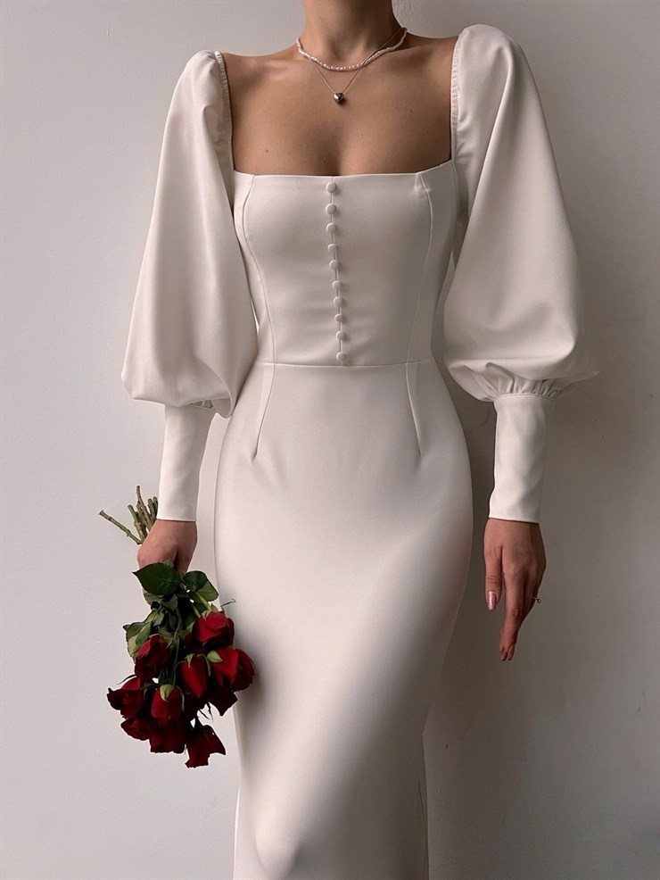 Balon Kol Düğme Detaylı Midi Boy Kadın Beyaz Kalem Elbise 22Y000008