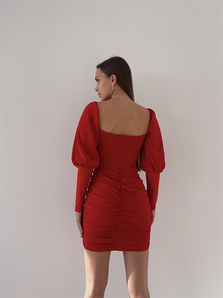 Balon Kol Eteği Drapeli Rosalina Kadın Kırmızı Mini Elbise 23K000198