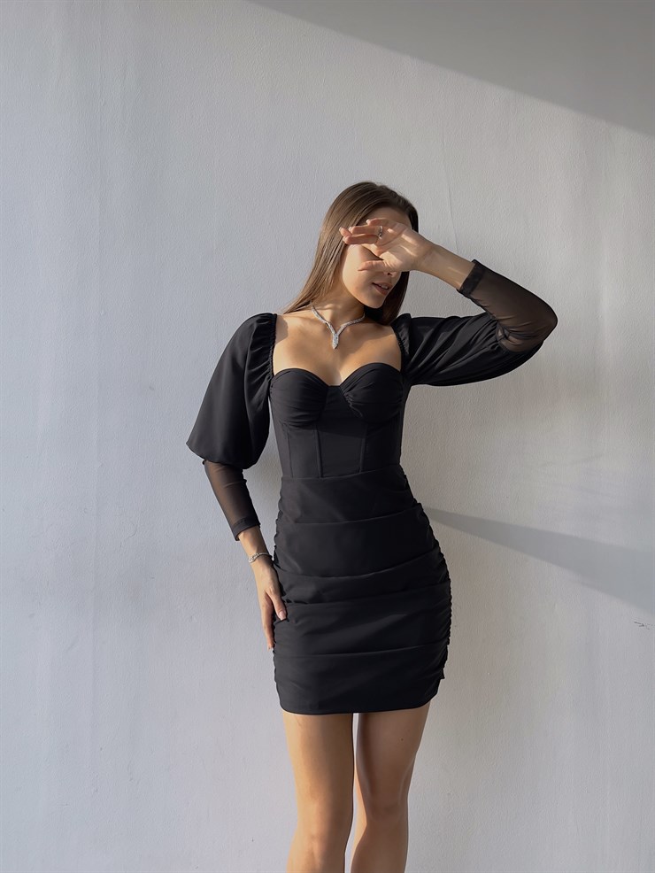 Balon Kol Eteği Drapeli Rosalina Kadın Siyah Mini Elbise 23K000198