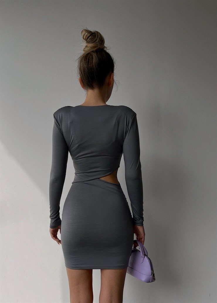 Bel Dekolte Büzgülü Novella Kadın Gri Mini Elbise 22K000415