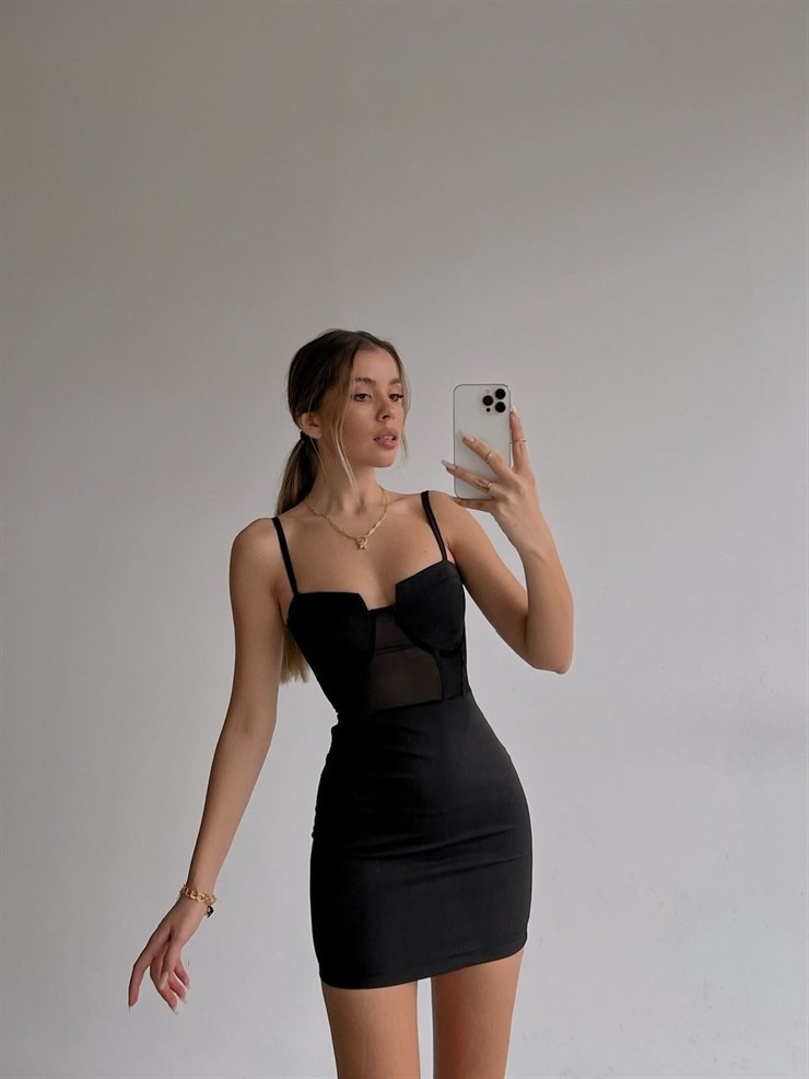 Beli Tül Detaylı Askılı Clarie Kadın Siyah Mini Elbise 22K000458