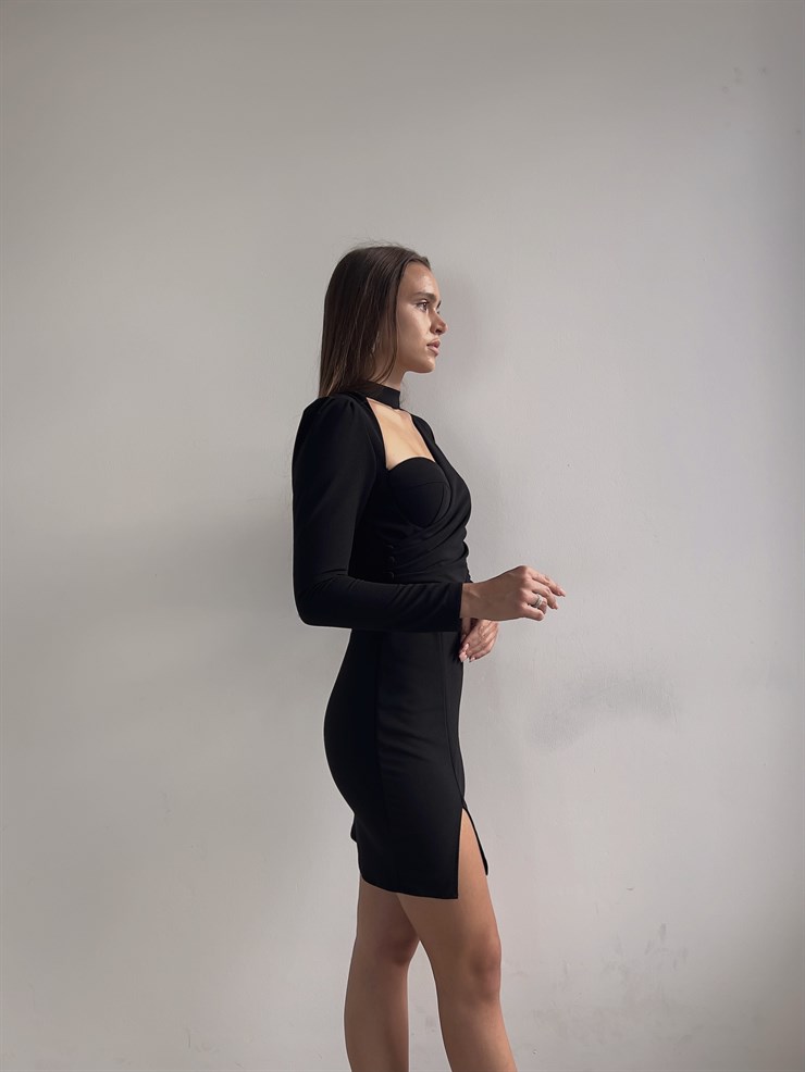 Boyun Detay Kruvaze Yaka Beli Düğme Detaylı Uzun Kollu Yırtmaçlı Nicoli Kadın Siyah Mini Elbise 23K000044