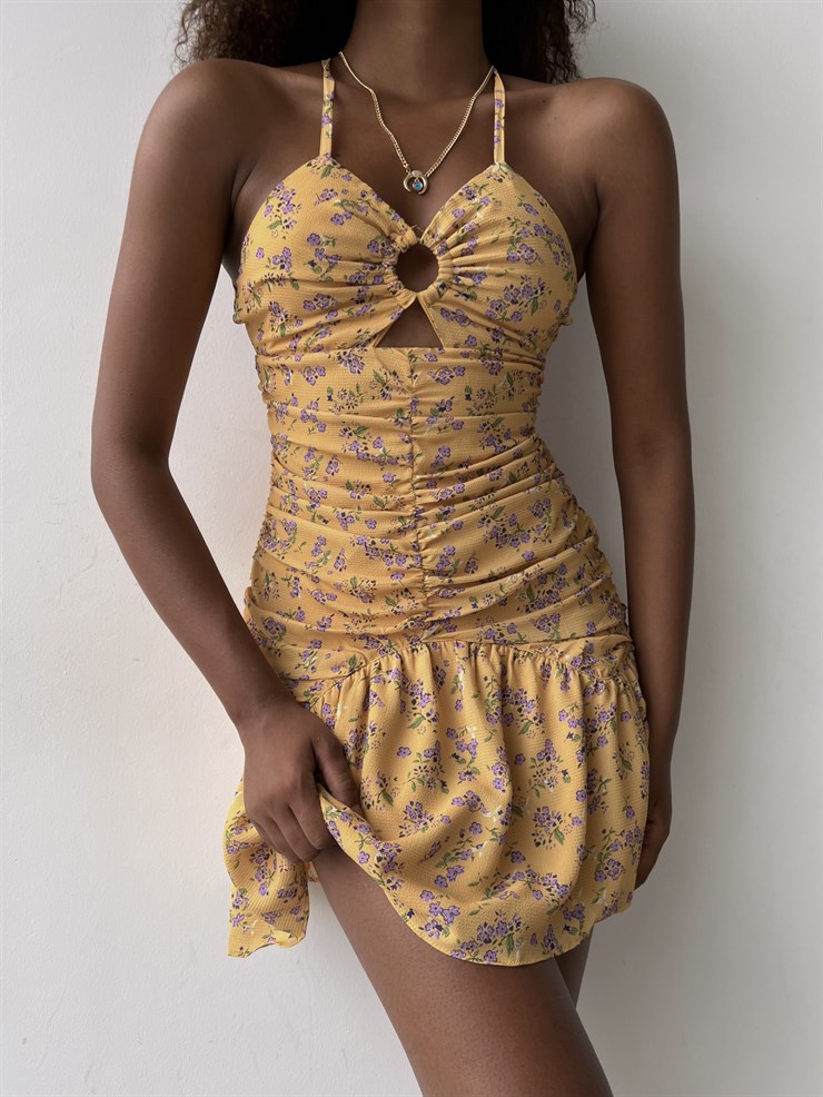 Boyundan Bağcıklı Çiçekli Sırt Dekolte Volanlı Aries Kadın Sarı Mini Elbise 22Y000402