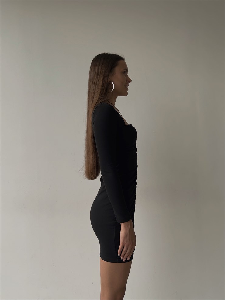 Boyundan Çapraz İp Detay Uzun Kol Drapeli Jolanka Kadın Siyah Mini Elbise 23K000030