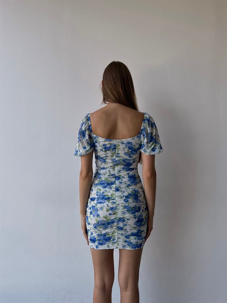 Çiçekli Kayık Yaka Önden Çapraz Şerit Detay Drapeli Italus Kadın Mavi Elbise 22Y000401