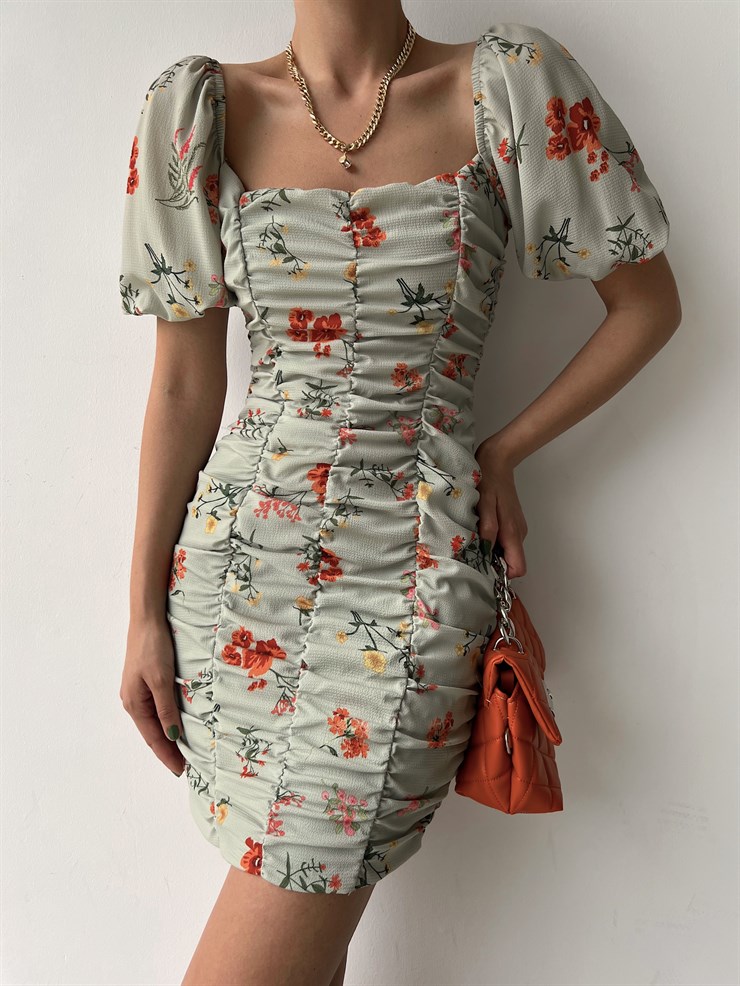 Çiçekli Önden Dikiş Detay Büzgülü Tavian Kadın Mint Elbise 22Y000321
