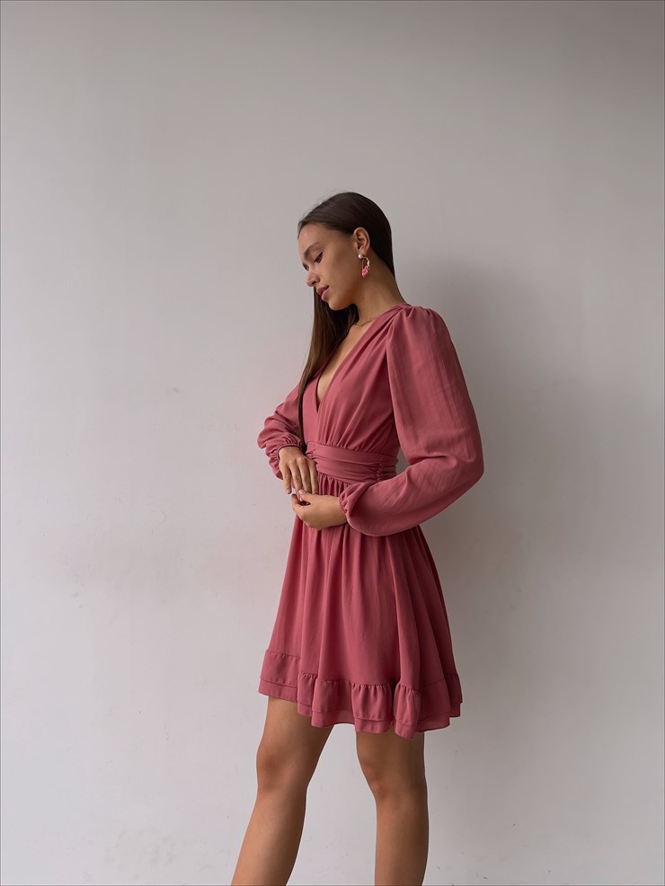 Derin V Yaka Uzun Tül Kol Eteği Fırfırlı Zia Kadın Gül Kurusu Mini Elbise 23K000111