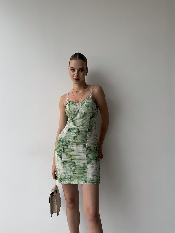 Desenli Plastik Zincir Askı Drapeli Adoray Kadın Yeşil Elbise 22Y000359