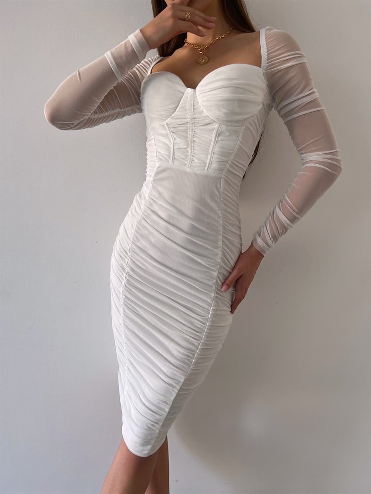 Göğüs Gloplu Omuz Lastikli Uzun Tül Kol Drapeli Linnaeus Kadın Beyaz Mini Elbise 23K000103