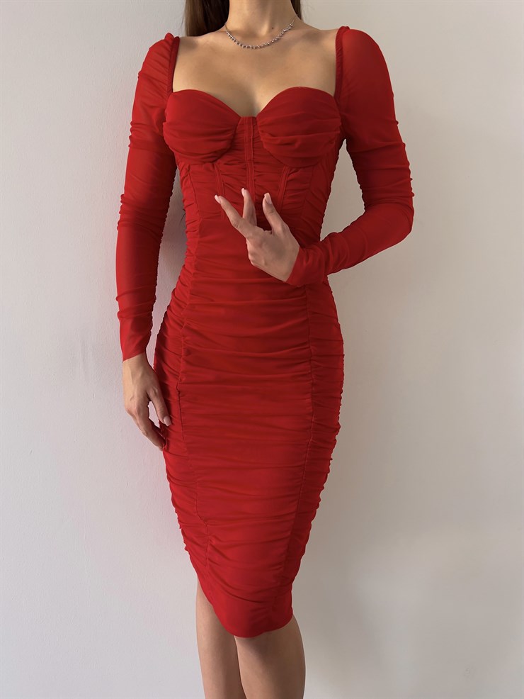 Göğüs Gloplu Omuz Lastikli Uzun Tül Kol Drapeli Linnaeus Kırmızı Kadın Mini Elbise 23K000103