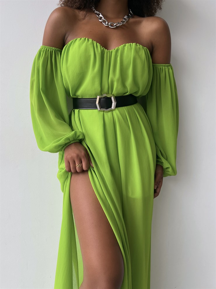 Göğüs Kuplu Şifon Çift Yırtmaçlı Uzun Severus Kadın Yeşil Elbise 22Y000417