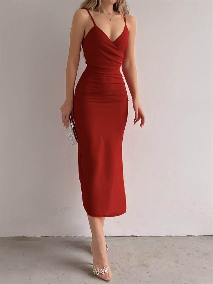 İnce Askı Kruvaze Yandan Yırtmaçlı Vanessa Kadın Kırmızı Elbise 22K000541