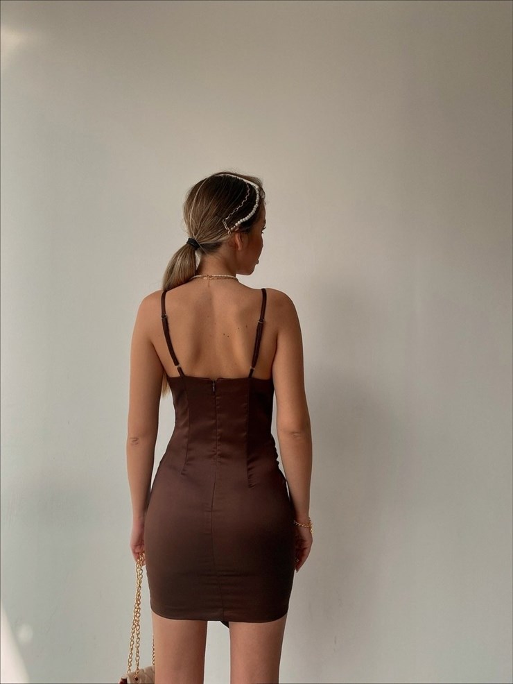 İnce Askılı Mini Eteği Asimetrik Arianna Kadın Kahverengi Elbise 22K000417