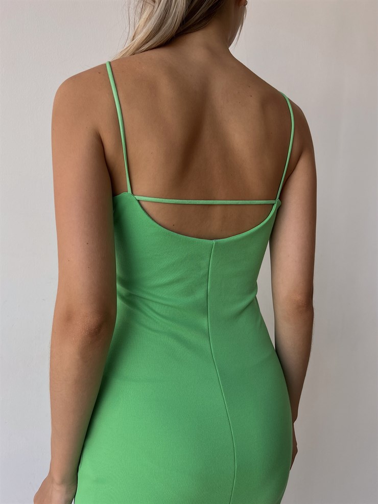 İnce Askılı Sırt Dekolte Önden Yırtmaçlı Nicia Kadın Yeşil Mini Elbise 22Y000490