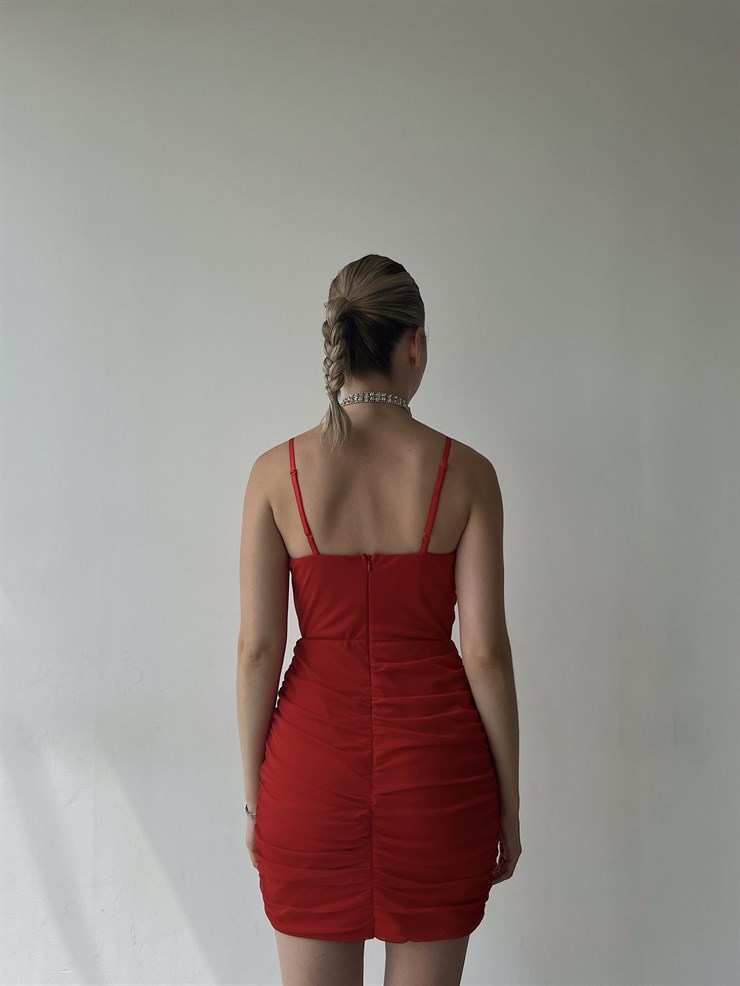 İnce Askılı Tül Göğüsü V Detay Drapeli Zaniel Kadın Kırmızı Elbise 22Y000363