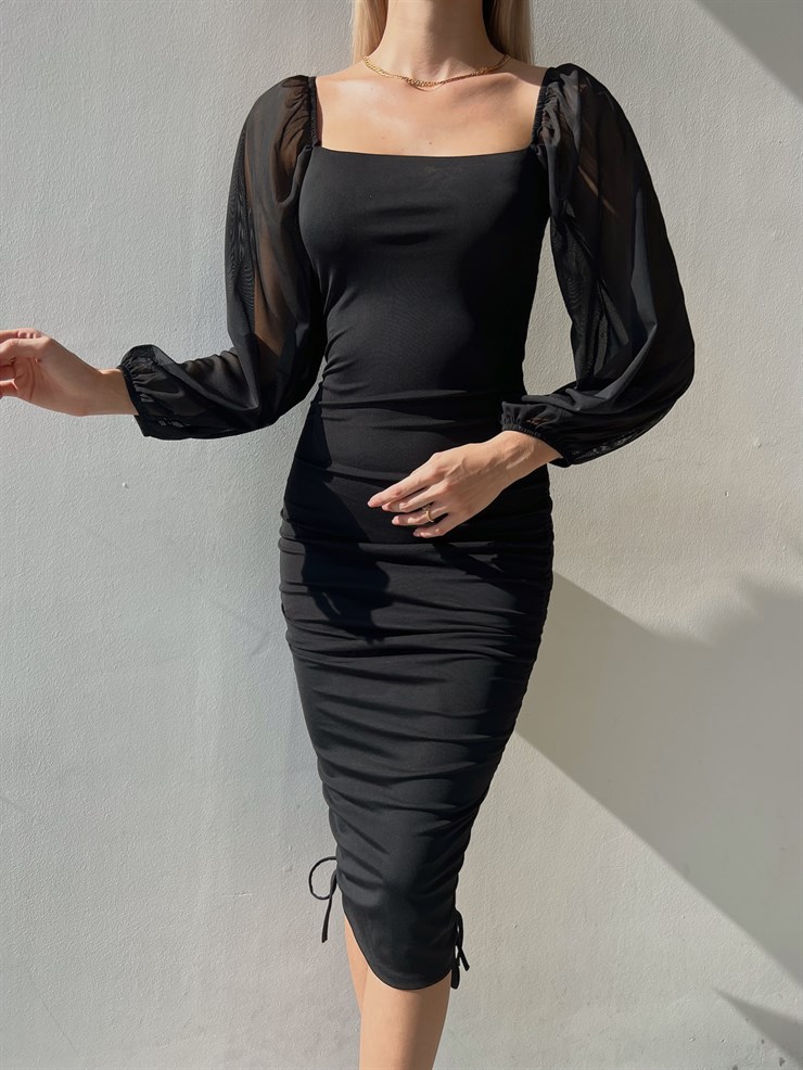 Kare Yaka Uzun Kol Eteği Drapeli Ve Ayarlanabilir Bağcıklı Carl Kadın Siyah Elbise 23K000032