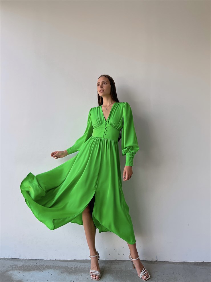 Kiloş Balon Kol Beli Düğmeli Viktoria Kadın Fıstık Yeşili Uzun Elbise 22K000051