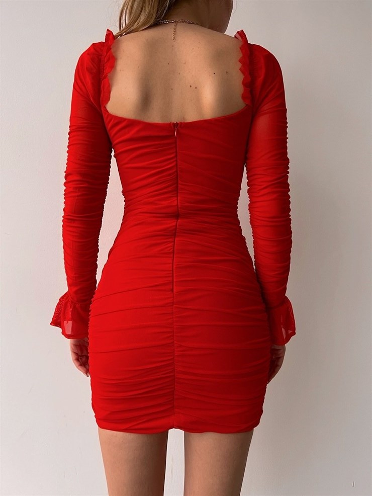 Kolları Bolero Görünümlü Mini Orabella Kadın Kırmızı Elbise 22K000409
