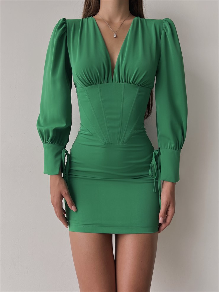 Korse Derin V Yaka Bağlama Detaylı Uzun Kol Reynold Kadın Yeşil Mini Elbise 23K000038