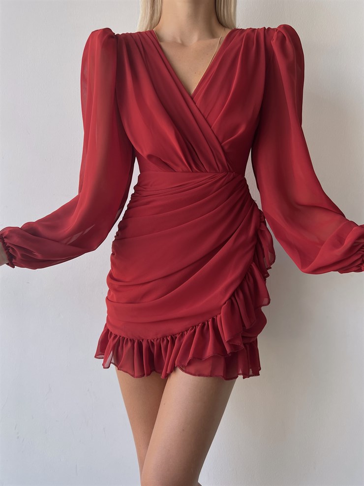 Kruvaze Yaka Drapeli Etek Kısmı Fırfırlı Amara Kadın Kırmızı Mini Elbise 22Y000015