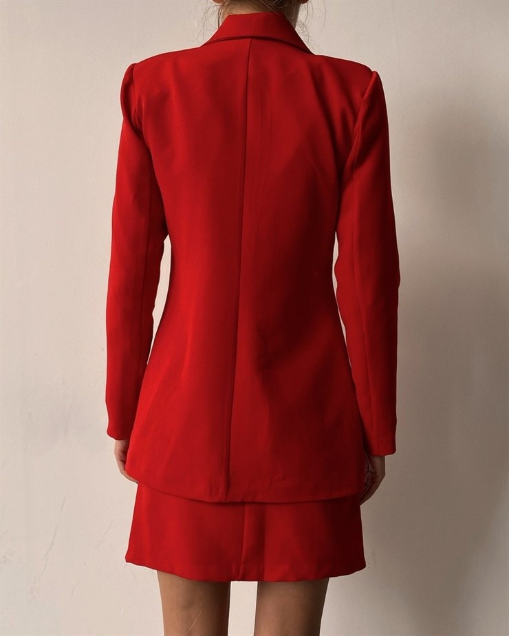 Kuplu Crop Blazer Ceket Etek Üçlü Benita Kadın Kırmızı Takım 22K000197