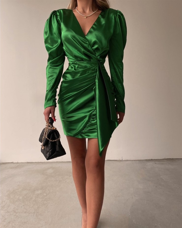 Kuruvaze Yaka Eteği Büzgülü Saten Berangaria Kadın Yeşil Elbise 22K000242