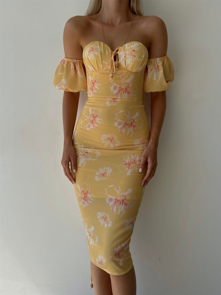 Midi Boy Çiçekli Göğüs Kuplu Boyu Ayarlanabilir Bağcıklı Kaley Kadın Sarı Elbise 22Y000298