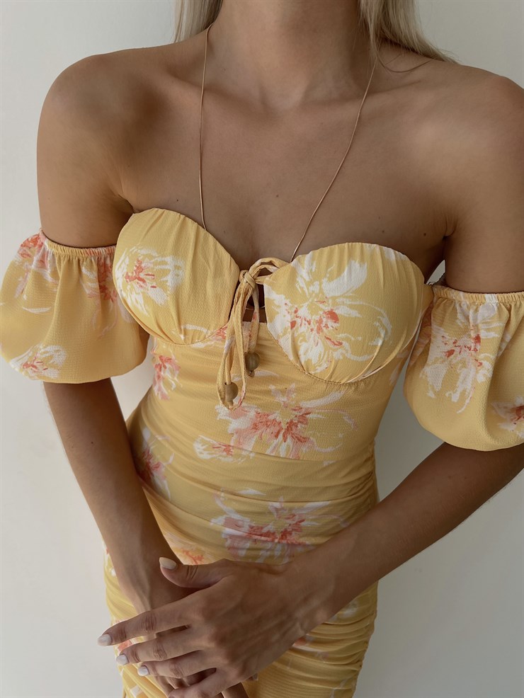 Midi Boy Çiçekli Göğüs Kuplu Boyu Ayarlanabilir Bağcıklı Kaley Kadın Sarı Elbise 22Y000298