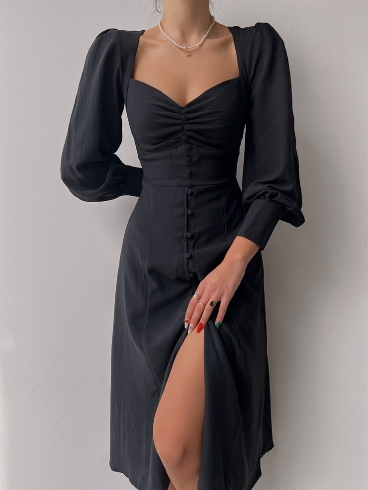 Midi Boydan Düğme Detaylı Kalp Yaka Dionis Kadın Siyah Elbise 22K000450