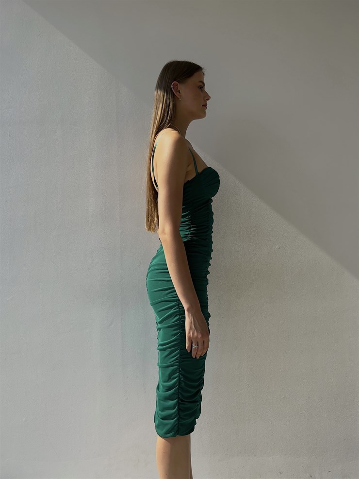 Midi Göğüs Kuplu Büzgülü Mellona Kadın Yeşil Kalem Elbise Elbise 22Y000326