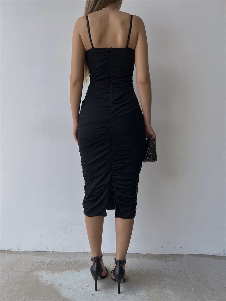 Midi Göğüs Kuplu Büzgülü Mellona Kadın Siyah Kalem Elbise 22Y000326