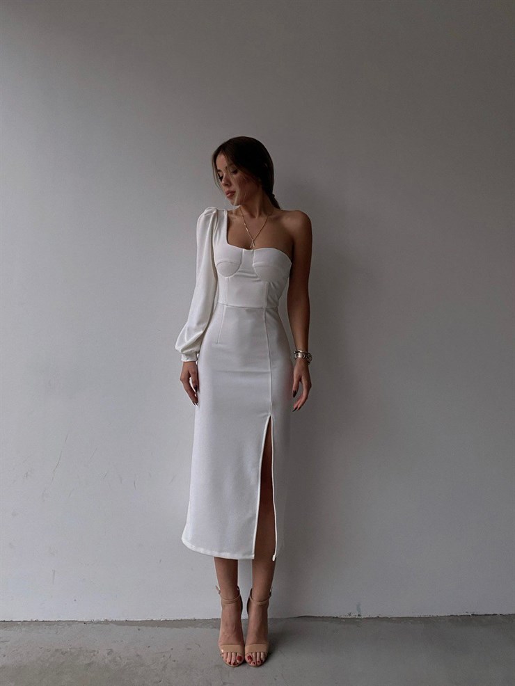 Midi Tek Kol Önden Yırtmaçlı Akira Kadın Beyaz Elbise 22K000228