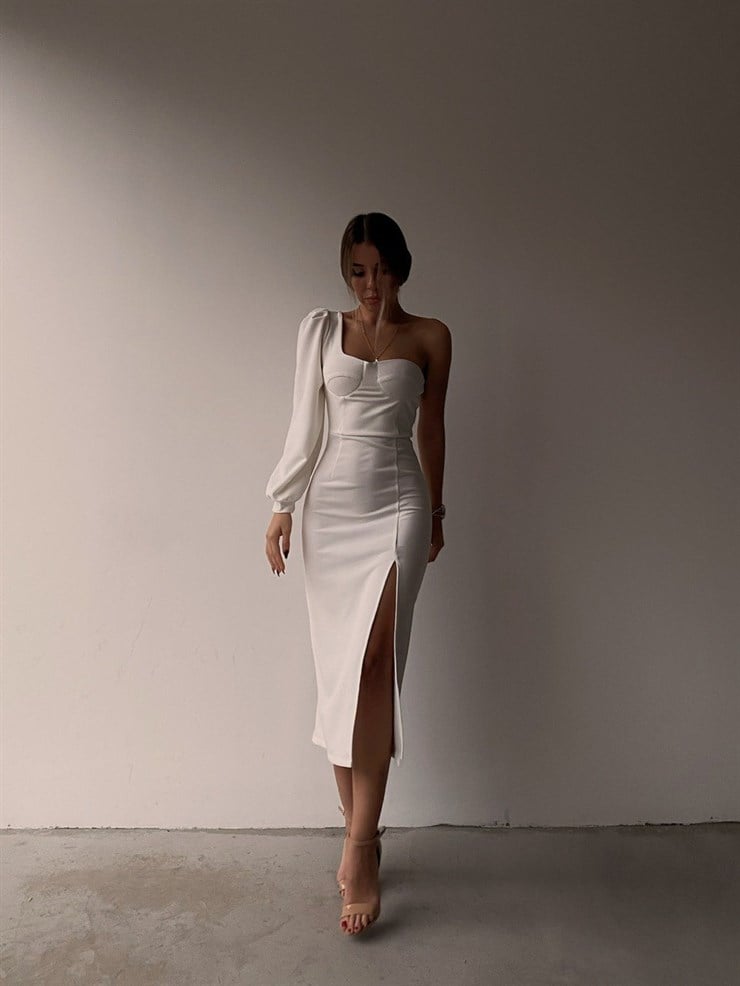 Midi Tek Kol Önden Yırtmaçlı Akira Kadın Beyaz Elbise 22K000228