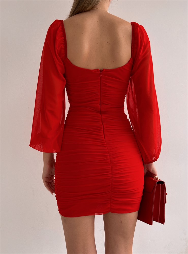 Mini Kare Yaka Büzgülü Carol Kadın Kırmızı Tül Elbise 22K000564