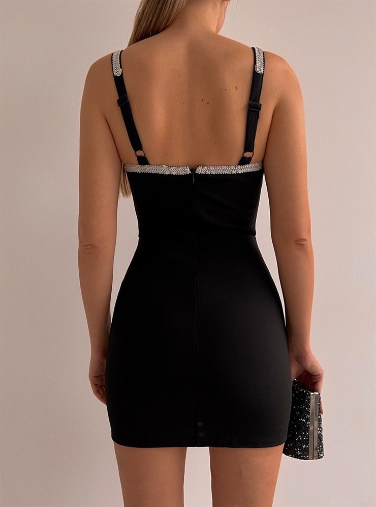 Mini Şerit Detay Askılı Likralı Norma Kadın Siyah Elbise 22K000588