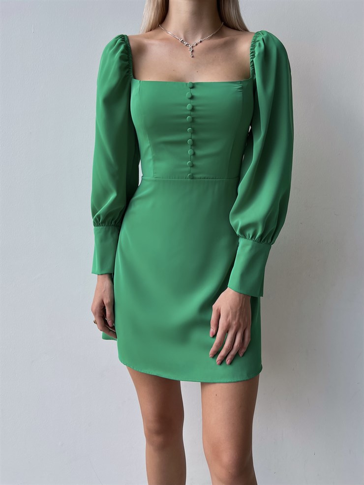 Önü Düğme Detaylı Kare Yaka Balon Kol Liberato Kadın Yeşil Mini Elbise 23K000101
