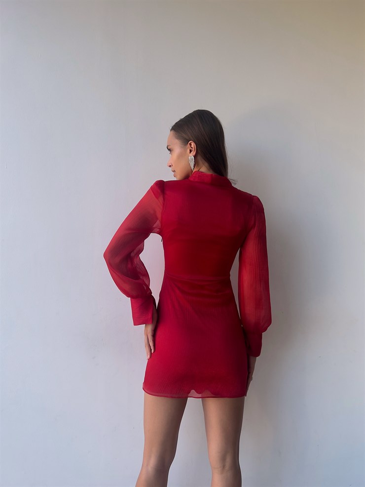Önü Kurdele Bağlamalı Uzun Tül Kol Willie Kadın Kırmızı Mini Elbise 23K000178