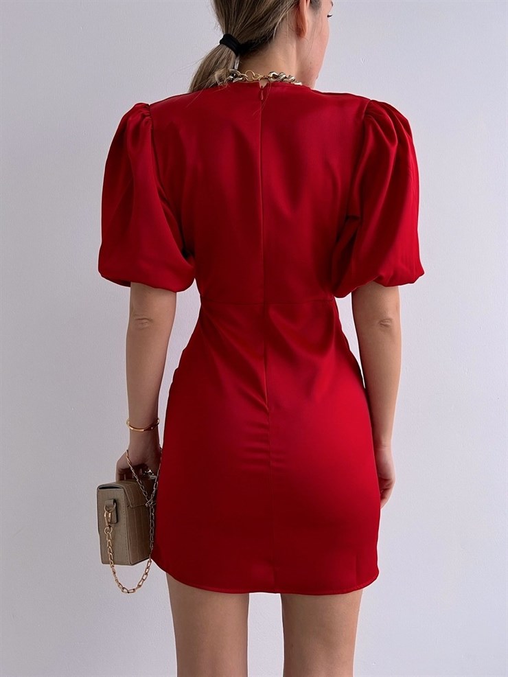 Saten Kuruvaze Yaka Drapeli Belinda Kadın Kırmızı Elbise 22K000549