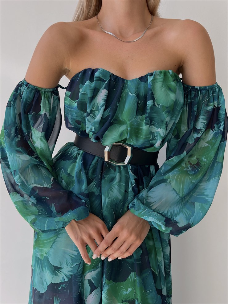 Şifon Çift Yırtmaçlı Göğüs Kuplu Lorenz Kadın Renkli Uzun Elbise 22Y000493