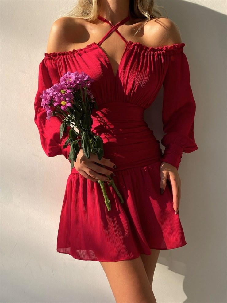Şifon Kayık Yaka Eteği Volanlı Juliet Kadın Fuşya Mini Elbise 22K000261