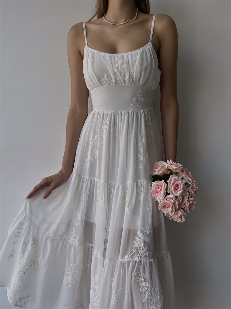  Çiçek Desenli Belden Oturtmalı Ayarlanabilir Askı Sırt Gipeli Tül Gilen Kadın Beyaz Midi Elbise 23K000026