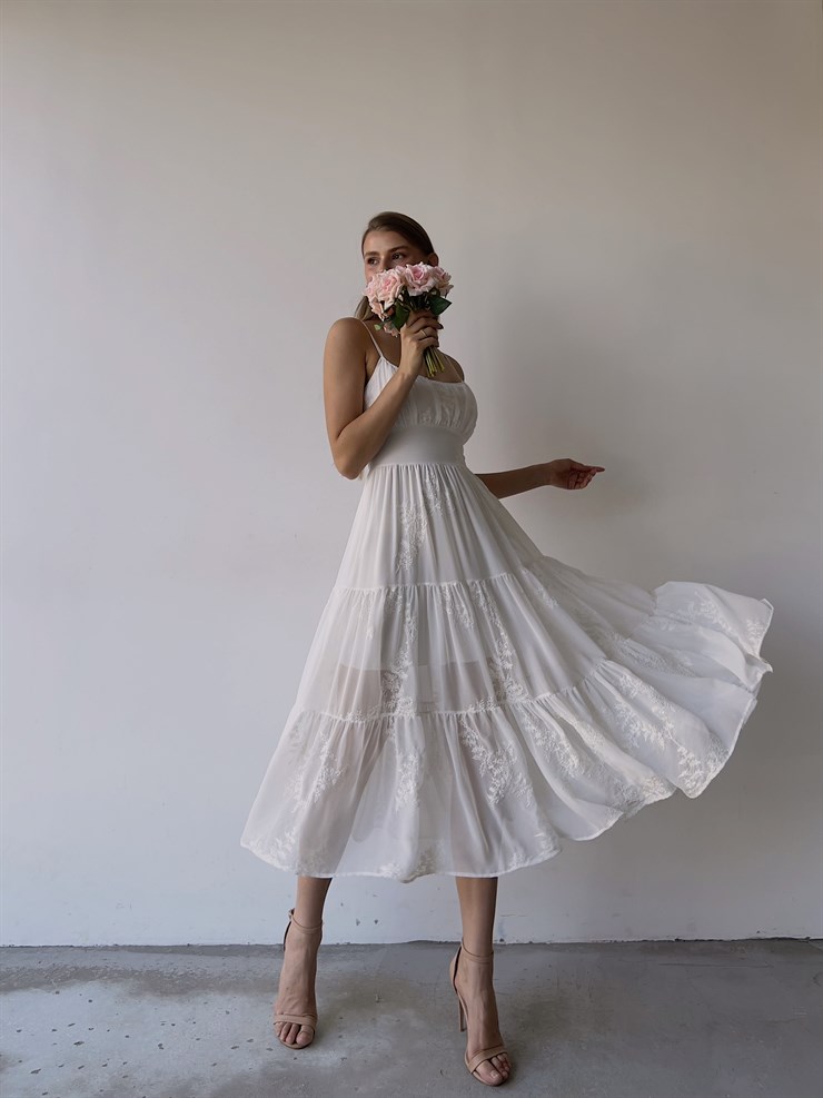  Çiçek Desenli Belden Oturtmalı Ayarlanabilir Askı Sırt Gipeli Tül Gilen Kadın Beyaz Midi Elbise 23K000026