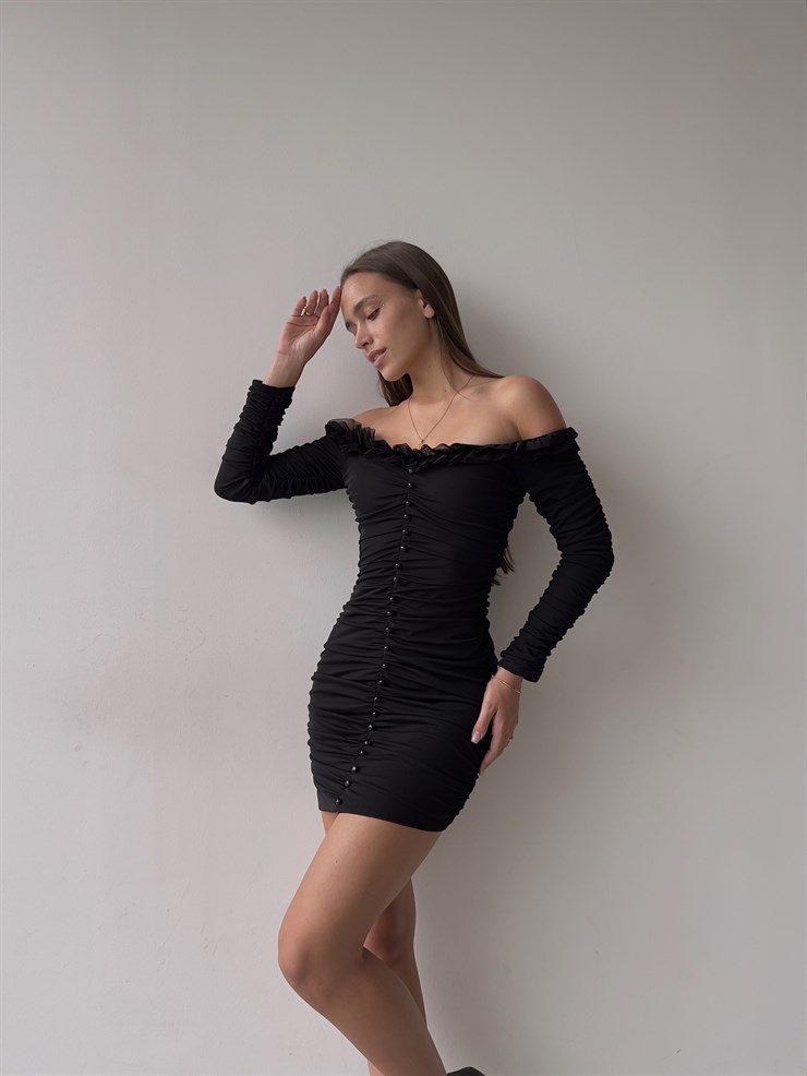 	Omuz Fırfırlı Önden Düğme Detaylı Drapeli Uzun Kol Zanobi Kadın Siyah Mini Elbise 23K000110